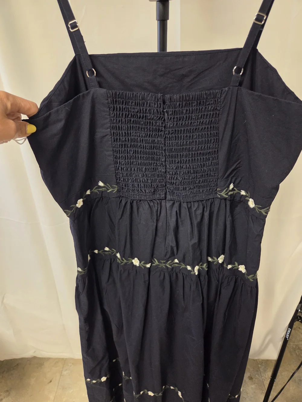 Blue Floral Embroidered Midi Dress with Spaghetti Straps